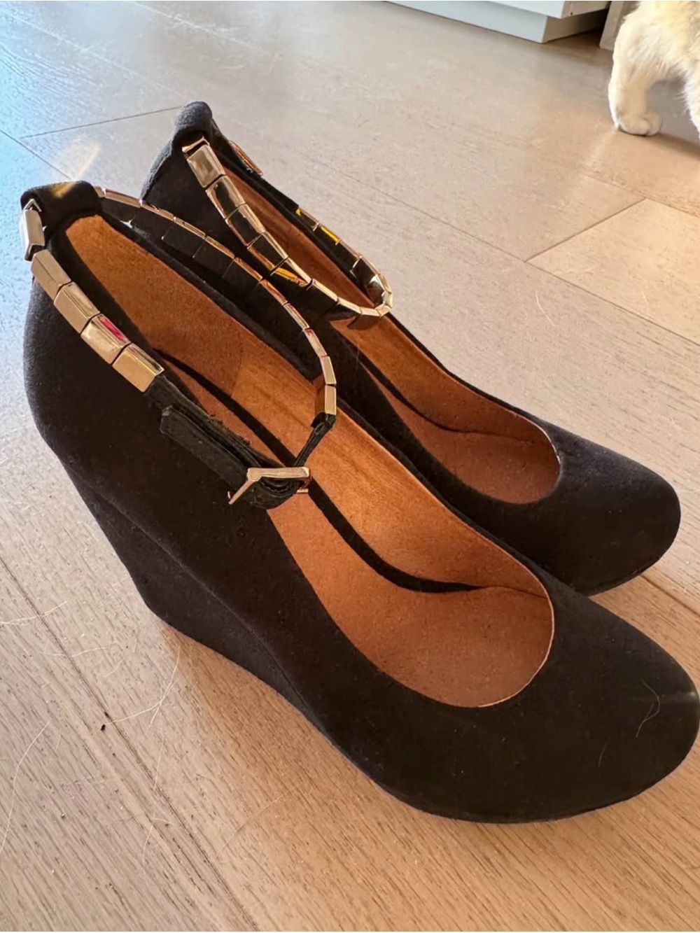 Black Suede Wedge Pumps with Gold Accent Ankle Strap - Women Shoes